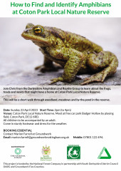 Poster Amphibian Guided Walk at Coton Park Sunday 23 April 2023
